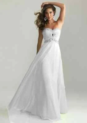 Vestido de fiesta formal de dama de honor plisado con cristales de gasa blanco, talla 10 (SE24548) Foto 1 de 2