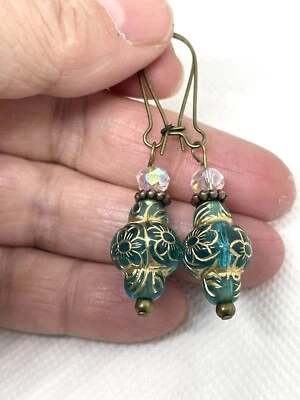 Handmade Aqua Colored Lantern Bead Dangle Pierced Earrings Aqua Blue  - Image 1 of 4