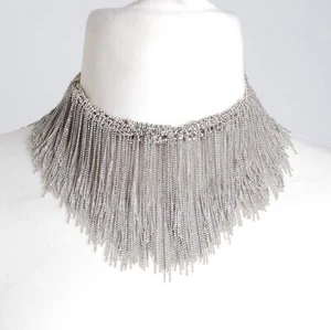 Brunello Cucinelli Women Silver Necklace Leather Fringes Beaded Charming Collar - Picture 1 of 9