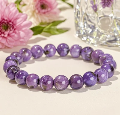 Handmade Natural Charoite Crystal Stretch Bracelet - 8mm Round Gemstone Beads - Image 1 of 4
