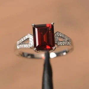 Emerald Cut Natural Garnet January Birthstone Gemstone Ring 925 Silver Size 7US - Picture 1 of 4