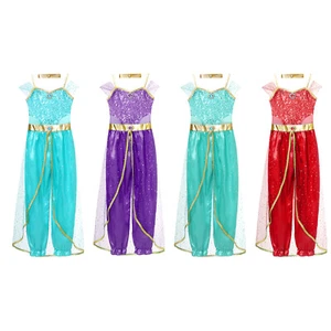 Kids Girl's Jumpsuit With Choker Patchwork Leotard With Choker Gem Sequins Long - Picture 1 of 60