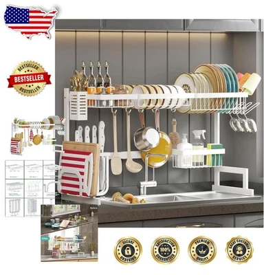 Регулируемая стойка для тарелок из нержавеющей стали — белый 2-уровневый органайзер над раковиной, ржавчина... - Изображение 1 из 4