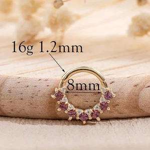 14k Solid Gold Rhodolite Garnet &Diamond Cluster Hinged Clicker Daith, Nose Ring - Picture 1 of 8