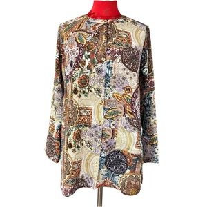Joan Rivers Gr. S Bluse Tunika Oberteil Paisley Print braun gold beige Knopfleiste - Bild 1 von 9