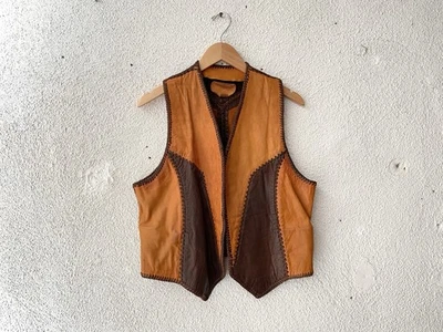 1970s vtg NORTH BEACH 2-TONE WHIP STITCH LEATHER VEST L Hippie - Image 1 of 4