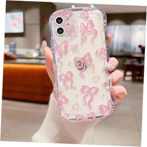 Bow Phone Case Compatible with Curly Cute Wavy Ribbon Bowknot, iPhone 12 Pink - Picture 1 of 7