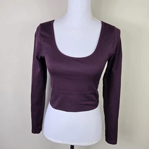 Athleta Shirt Womens Small Purple Long Sleeve Ribbed Scoop Neck Crop Stretch - Picture 1 of 12
