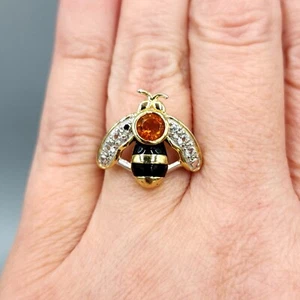 Signed Gold Plated Sterling Silver Citrine Enamel Bee Ring Sz 5.25 4g - Picture 1 of 13