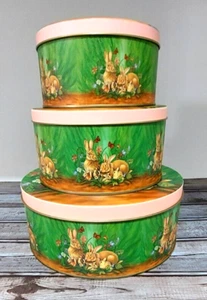 3) NEW Vintage Easter Bunny Rabbit Nesting Round Metal Tins House of Lloyd 1994 - Picture 1 of 19