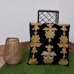 Set of 2 Velvet Cushion Covers Hand Embroidered Gold on Black – Mughal Floral - Picture 1 of 2