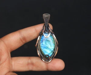 Elegant Blue Flash Labradorite Copper Wire Wrap Pendant Jewelry For Gift NK490 - Picture 1 of 14