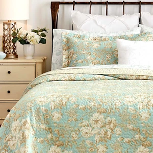 Laura Ashley Cotton Bedspread Pillowcase Set QUEEN Bed Coverlet Brompton Serene - Picture 1 of 6