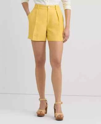 Lauren Ralph Lauren Pleated High-Rise Shorts Womens Size 14 Yellow Linen Blend - Image 1 of 4
