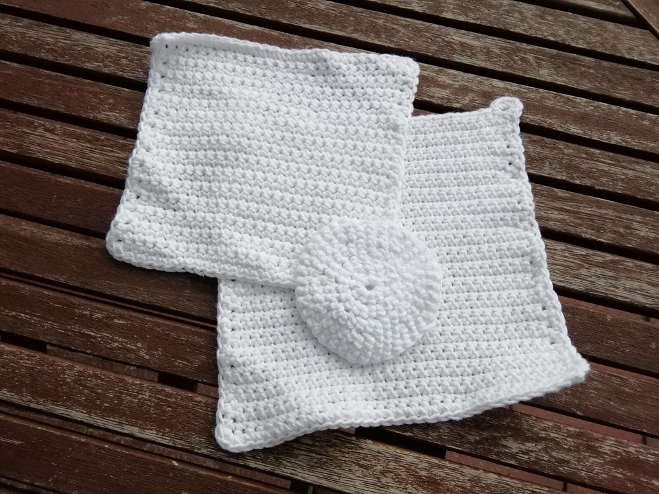 2 Waschlappen Waschtuch Spüllappen Scrubbie gehäkelt m. Kosmetikpad weiß 19 x 19 - Bild 1 von 2