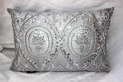 Tahari Home beaded accent pillow silver gray rectangle feather down  - Image 1 of 4