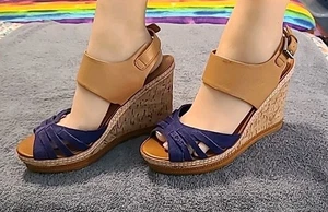 DV DOLCE VITA Tan/navy Leather Buckle Platform Wedge Heels Sandals Size 10 - Picture 1 of 6