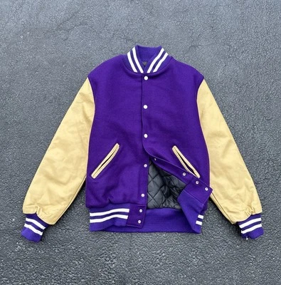 Holloway Varsity Jacket Mens Medium Purple Tan Leather Wool Blend Football - Image 1 of 4