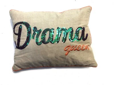 Drama Queen taupe cotton sequin + Embroidered funny couch cushion throw pillow  - Image 1 of 3