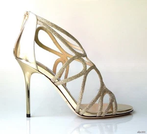 JIMMY CHOO dorado beige 40 10 brillo puntera abierta tacones con correa SEXY nuevos $1200 - Imagen 1 de 7