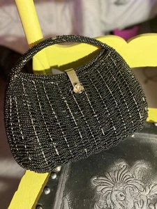 Vintage Walborg Beaded Black And Gold Weave Hard Shell Top Handle Bag - Picture 1 of 11