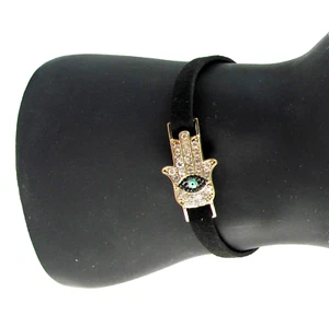 BRACELET Lucky Eye Hamsa Gold Tone Black Faux Leather w Chain Adjustable - Picture 1 of 7