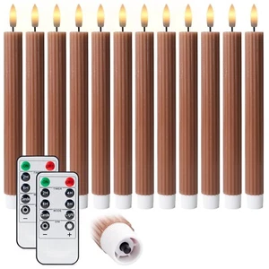 12 Stück 10" LED geriffelt gerippt braun hellbraun Stumpenkerzen mit Fernbedienung & 24h Timer Speicher - Bild 1 von 8