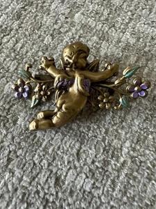Goldfarbene Baby Cherub Flügel Brosche Vintage Schmuck mit Blumen - Bild 1 von 4