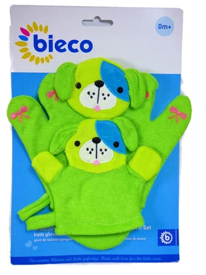 Bieco® Baby Kleinkind Waschhandschuh Handspielpuppe Set Hund Pauli mit Baby