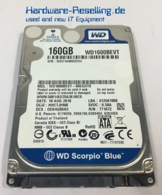 WD SCORPIO BLUE 160GB 2,5" HDD SATA II 3G 5.4K 8MB WD1600BEVT-00EGHT0 - Immagine 1 di 4