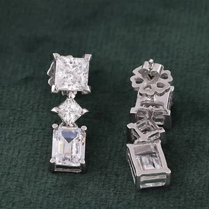 7 Ct Emerald Cut Simulated Diamond Solitaire Dangle and Drop Earrings 925 Silver - Picture 1 of 12