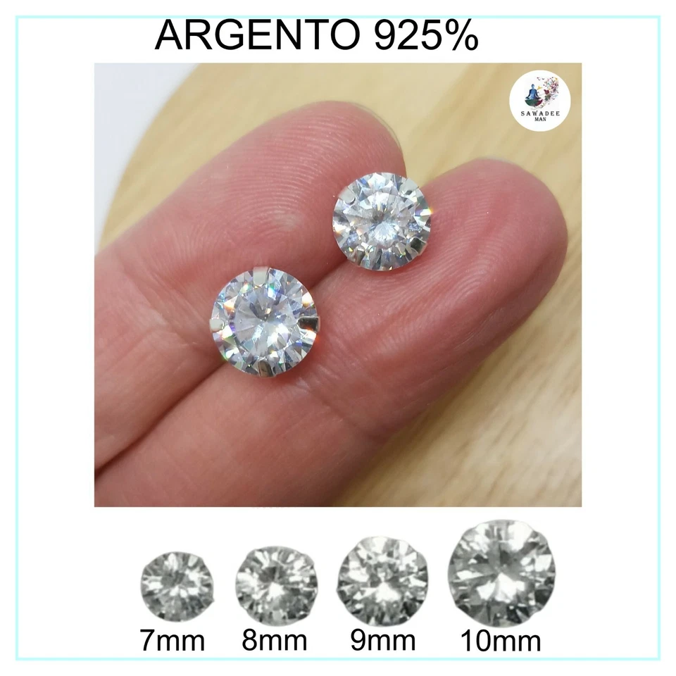 Orecchini brillantino da uomo in argento 925 zircone punto luce lobo 7-8-9-10mm - Immagine 1 di 4