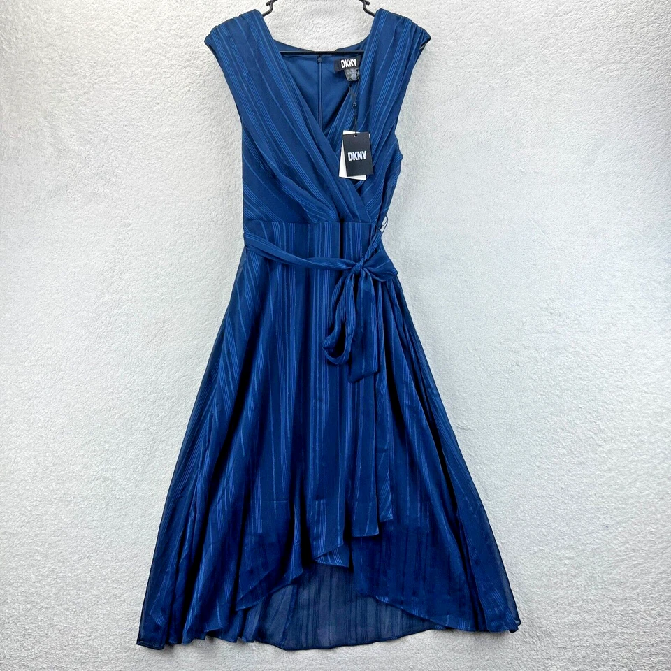 DKNY Women's Blue Striped Chiffon Sleeveless Layered Faux Wrap Belt Dress Sz 14