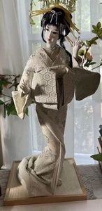 VTG Japanese Nishi Doll White & Silver Kimono  Elaborate Kanzashi 18" On Stand - Picture 1 of 11