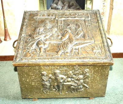 Vintage Brass Embossed/Wood Lined Coal or Log Scuttle Box English Ht17"x51"x41" - Image 1 of 4