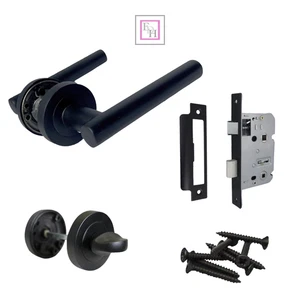 Straight T Bar Matt Black Door Handles, Bathroom Lock Handle Sets with Thumbturn - Picture 1 of 17