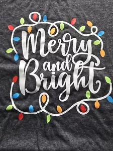 Christmas T-Shirt Womens MERRY & BRIGHT Gray Unbranded String Of Lights LG NWOT - Picture 1 of 5