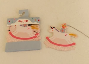12 GIFT TAGS UNICORN ROCKING HORSE SHAPED SILVER TIE CORD "MAGICAL CHRISTMAS" - Picture 1 of 2