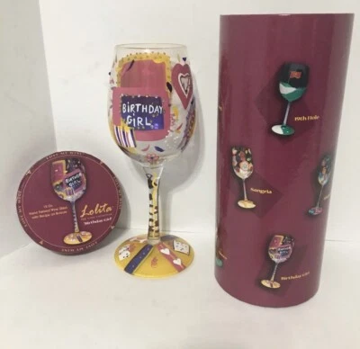 Lolita 15 oz Wine Glass Goblet Birthday Girl Hand Painted New With Box - Image 1 of 4