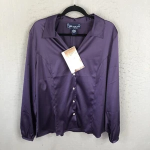 Susan Graver Top Womens XL Purple Satin Tunic Sparkle Buttons Dressy NEW - Picture 1 of 18
