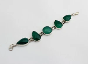 Verde Onyx Gema Pulsera 925 Plata Verde Ágata Tallado en Facetas Joya ca.21 CM - Picture 1 of 2