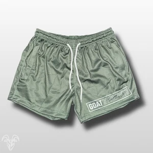 Goat Strength Olive Green Mesh Athletic Shorts – 5” Inseam with Zipper Pockets - Picture 1 of 4