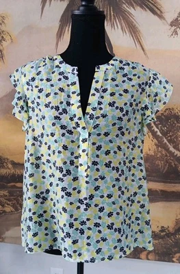 Precioso Top Floral Manga Acampanada, Grande, Amarillo/Verde/Negro, En 34, Cuello Dividido Foto 1 de 4