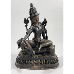 Antique Cast Bronze Hindu Deity Statue Foo Dog Trident, Wreath, God/Goddess - Picture 1 of 8