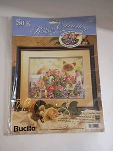 Vtg Bucilla Silk Ribbon Embroidery Kit Kitty on Fence Cat Pre Printed '95 New - Picture 1 of 3