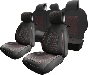 Seat Covers for Silverado Sierra Crew Cab 2007–2024 Black Red Leather 5PC Set - Picture 1 of 7