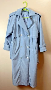 UTEX DESIGN Trench Coat Shoulder Pads Sz 10 Dusky Blue Lined Pockets Belt Vtg - Picture 1 of 11