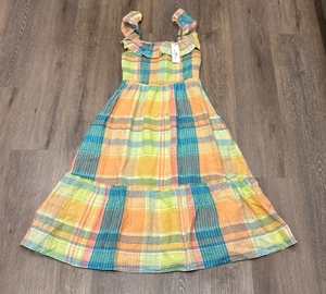 Vineyard Vines Dress XS Smocked Midi Plaid Linen Pockets Preppy Coastal Blue NEW - Picture 1 of 9