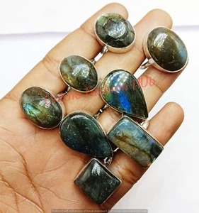 Trendy Blue Labradorite Gemstone 925 Sterling Silver Plated Wholesale Lot Rings - Picture 1 of 4