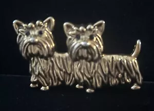 Vintage BROOCH Black Glass Rhinestone Eyes Terrier Dogs PIn Marked BEST 2” Wide - Picture 1 of 8